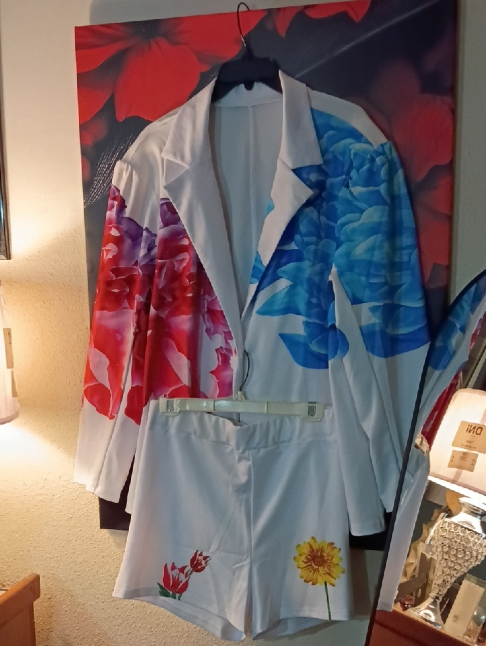 White Floral Blazer & Shorts Set - Red & Blue Floral Print